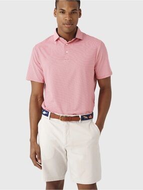 KJUS Soren Polo Golf Shirt Men's Size 50 M Pink Striped Short Sleeve UPF 50+